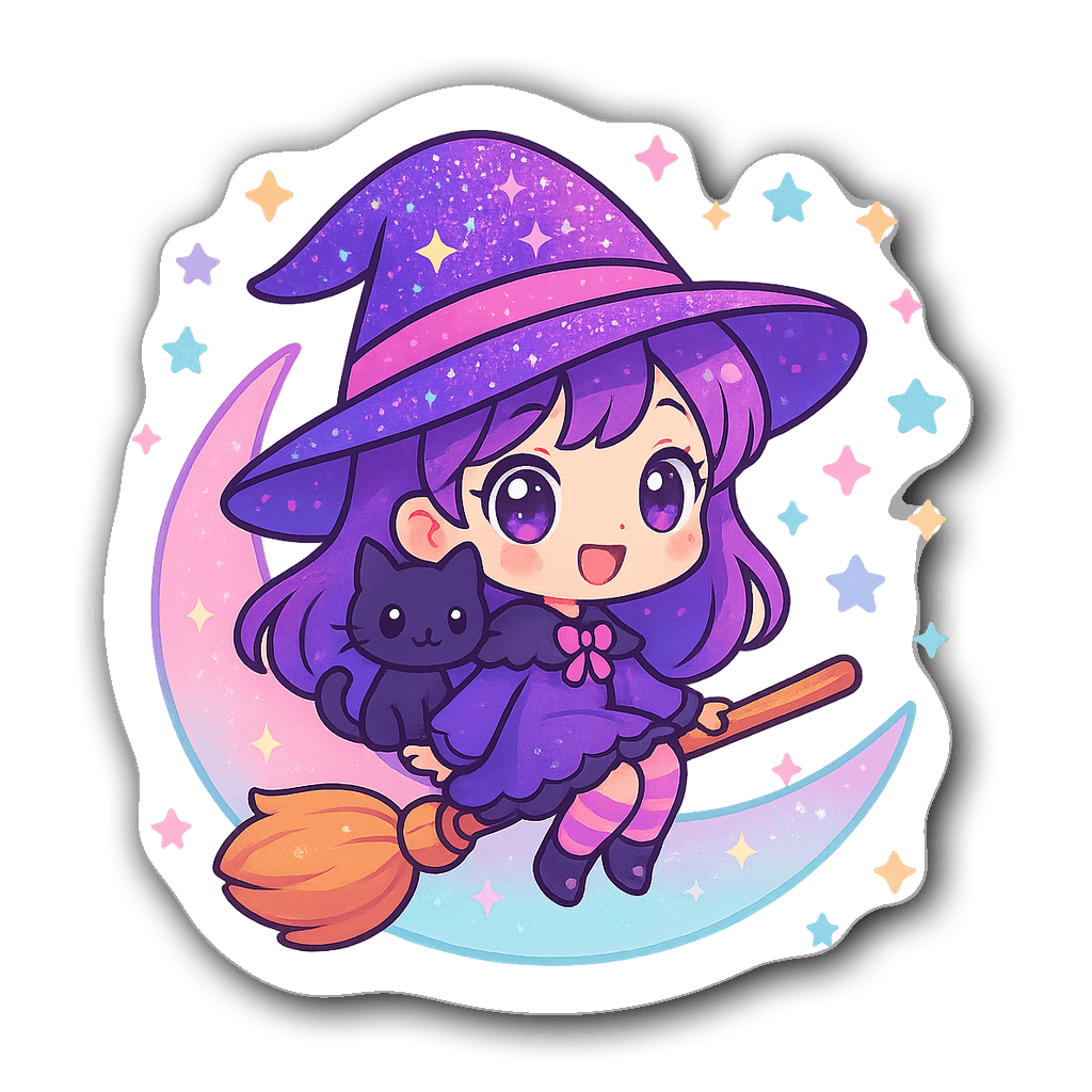 Kawaii chibi witch sticker flying on a pastel moon with stars