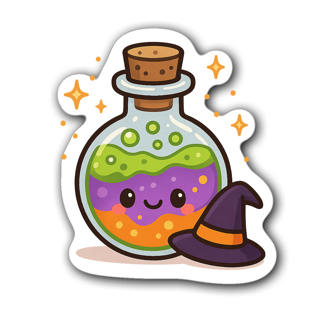 Chibi potion bottle with a smiling face and witch's hat
