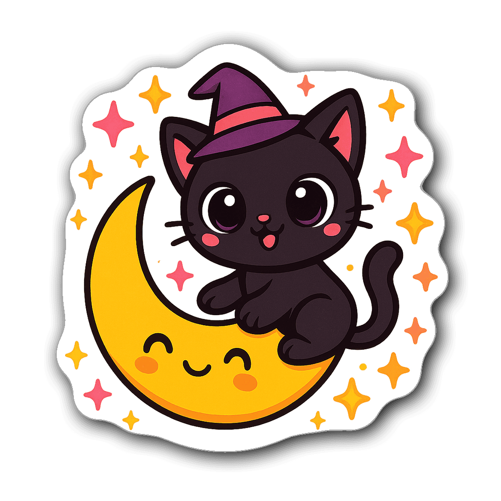Kawaii chibi black cat in a witch hat sitting on a crescent moon