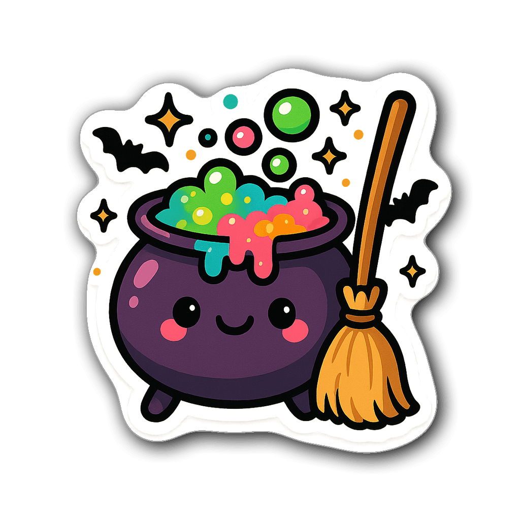 Kawaii chibi cauldron with potion and magical sparkles