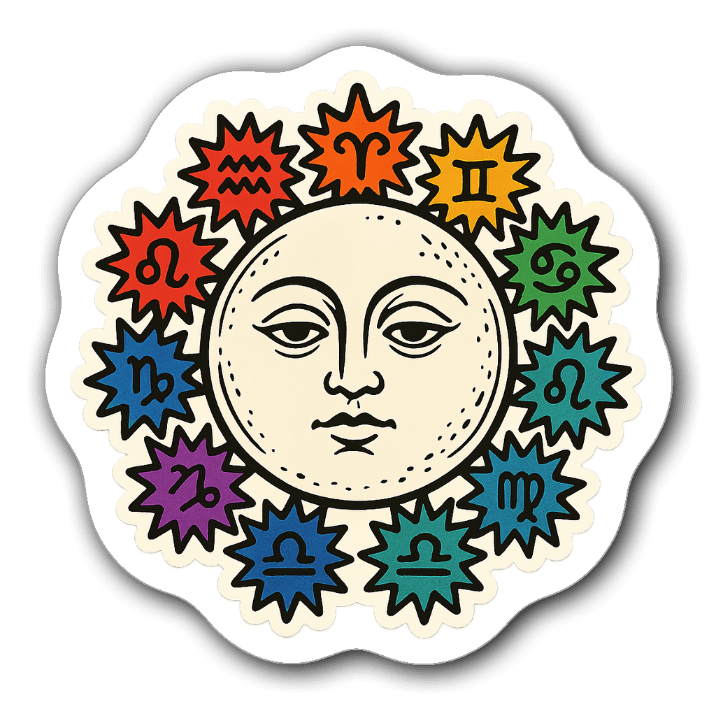 Die-cut sticker of a mystical moon and zodiac signs