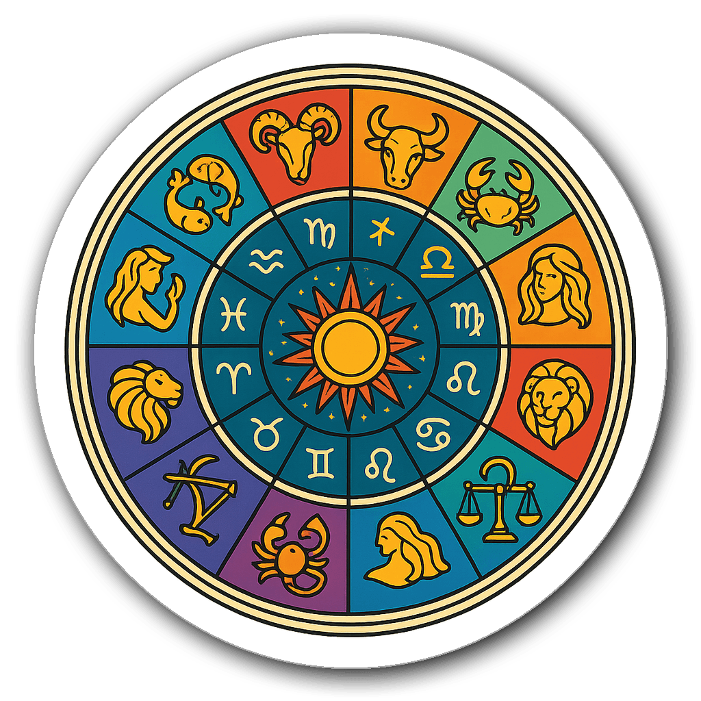 Illustrated astrological wheel with zodiac signs design