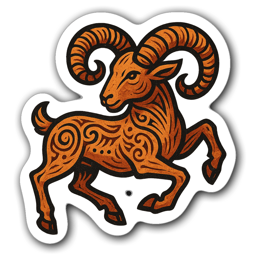 Stylized Aries ram sticker in woodblock linocut style with a transparent background