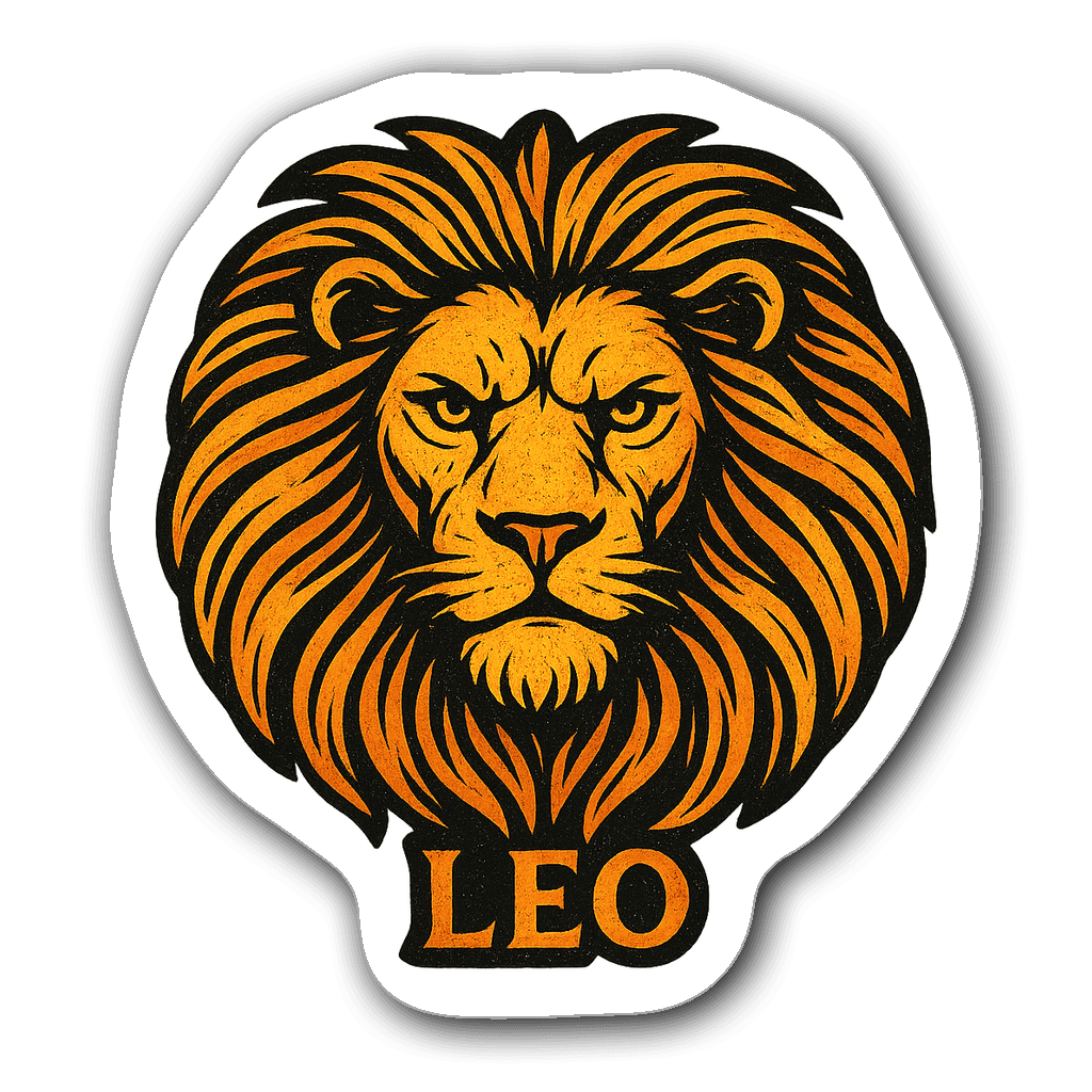 Vivid woodblock linocut design of Leo lion in gold and orange