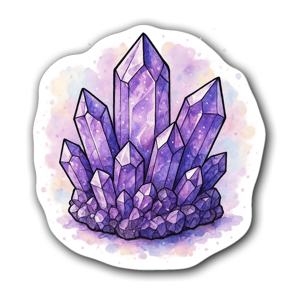 Amethyst crystal cluster watercolor sticker with iridescent colors