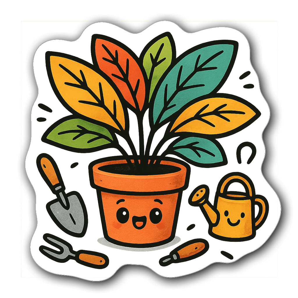 A quirky potted plant character with colorful leaves and gardening tools.