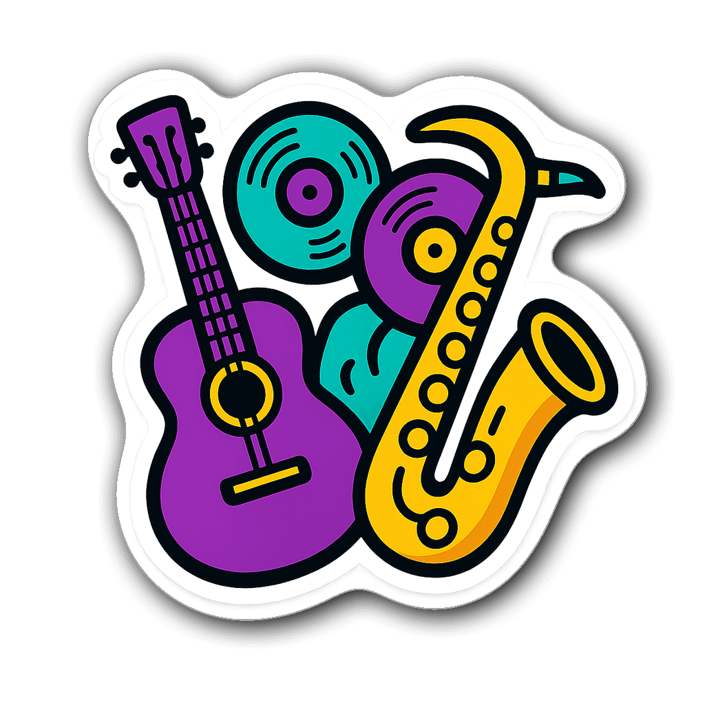 Lively die-cut sticker of musical instruments in vibrant colors