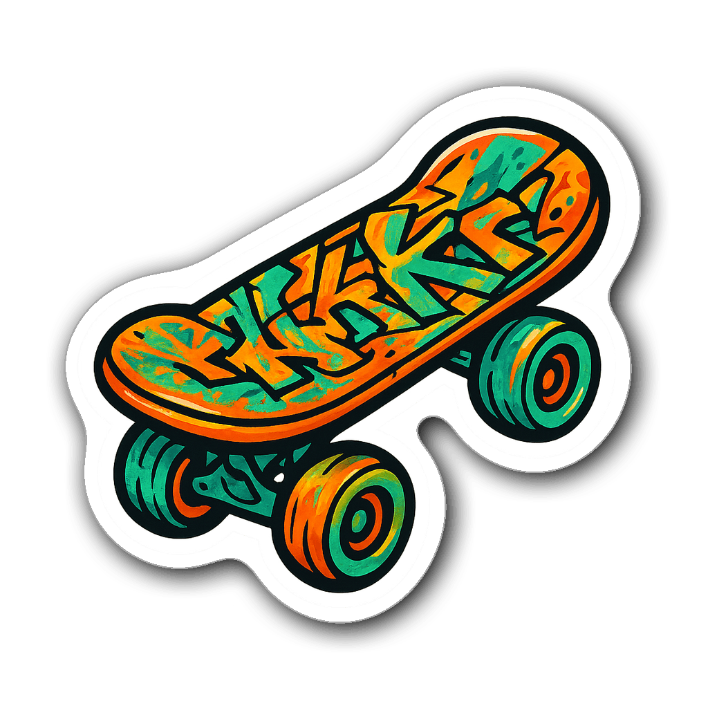 Graffiti-style skateboard sticker with vibrant colors