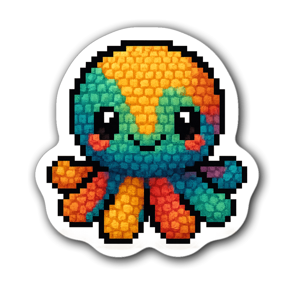 Cute pixel art crochet octopus sticker with vibrant colors