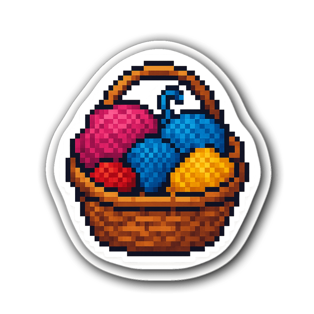 Pixel art sticker of a basket overflowing with multicolored yarn skeins