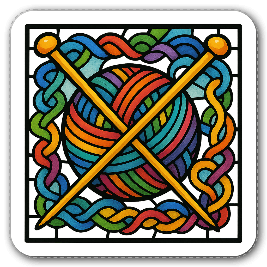 Colorful stained glass window with knitting needles and yarn
