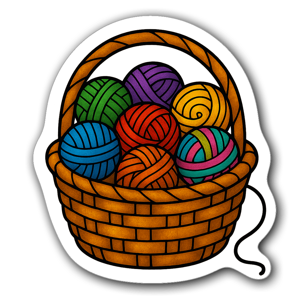 Stained glass sticker of a basket with colorful yarn skeins