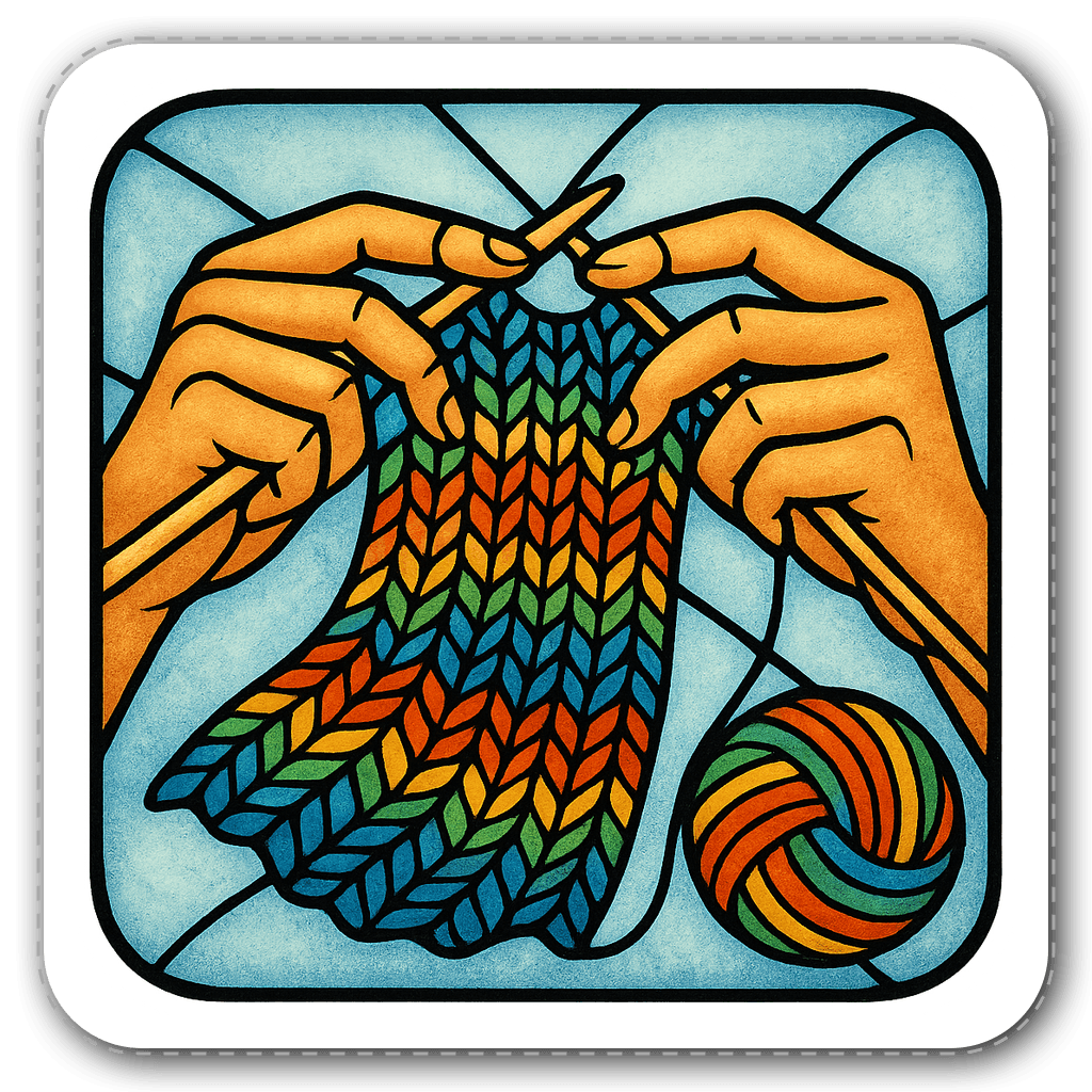 Stained glass knitting sticker with hands and yarn design