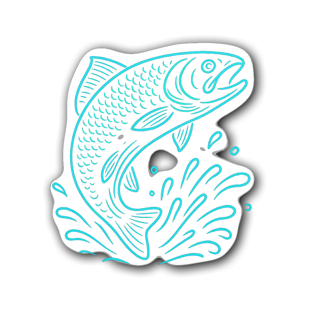 Neon outline sticker of a leaping fish in blue and green