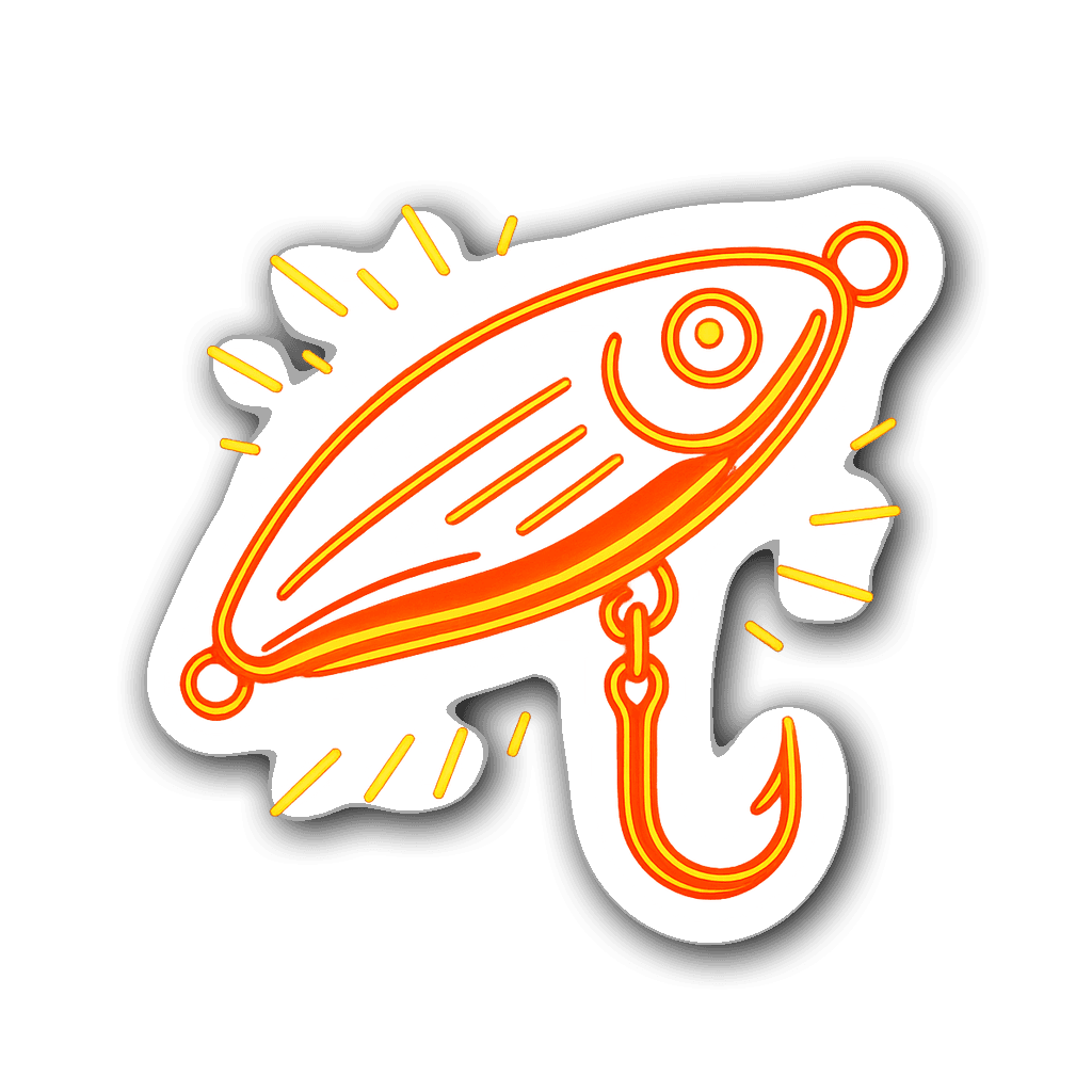 Neon fishing lure decal with glowing red, yellow, and orange details