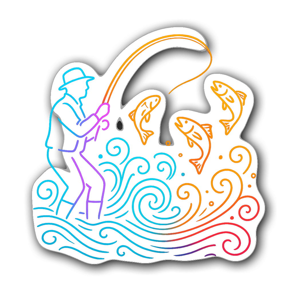 Neon glow silhouette of a fisherman casting his line with fish