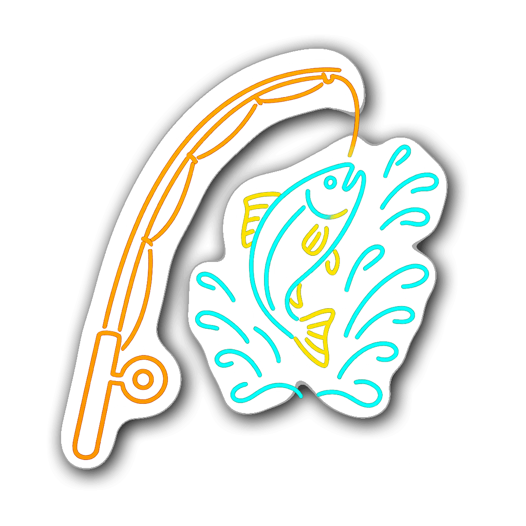 Neon outline decal of a fishing rod with a vibrant fish