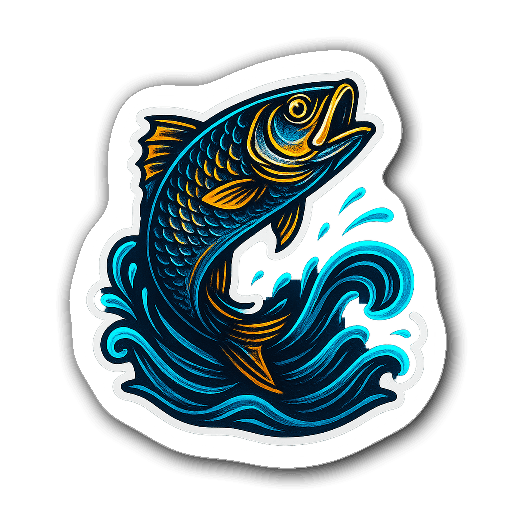 Abstract neon glow fish sticker jumping out of water
