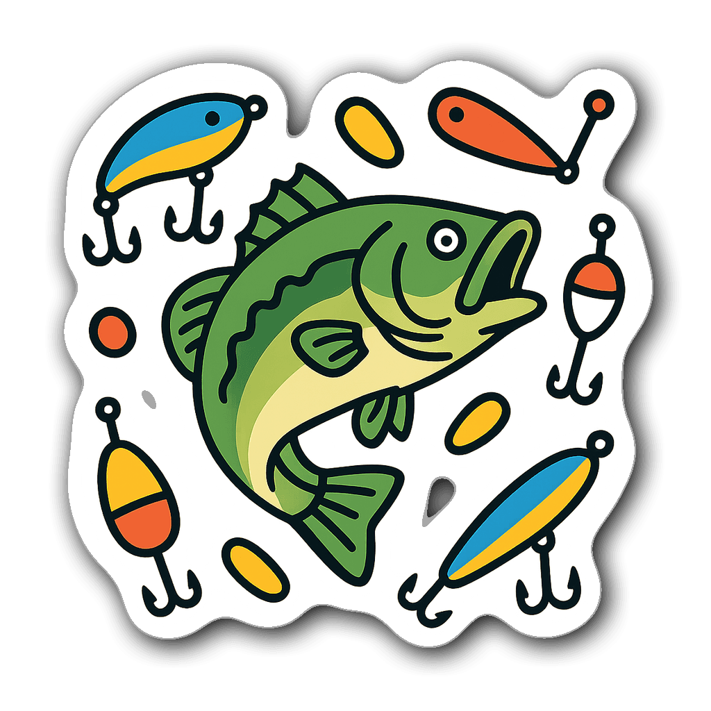 Minimalist line art bass fish surrounded by fishing lures