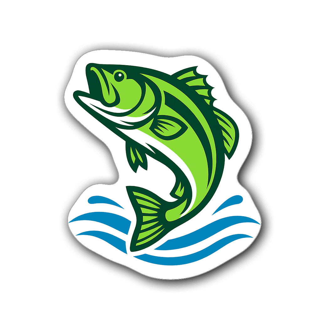 Minimalist bass fish leaping against water ripples in blue and green