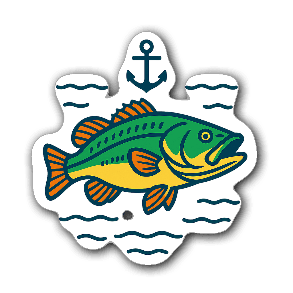 Minimalist bass fish sticker with water ripples and anchor