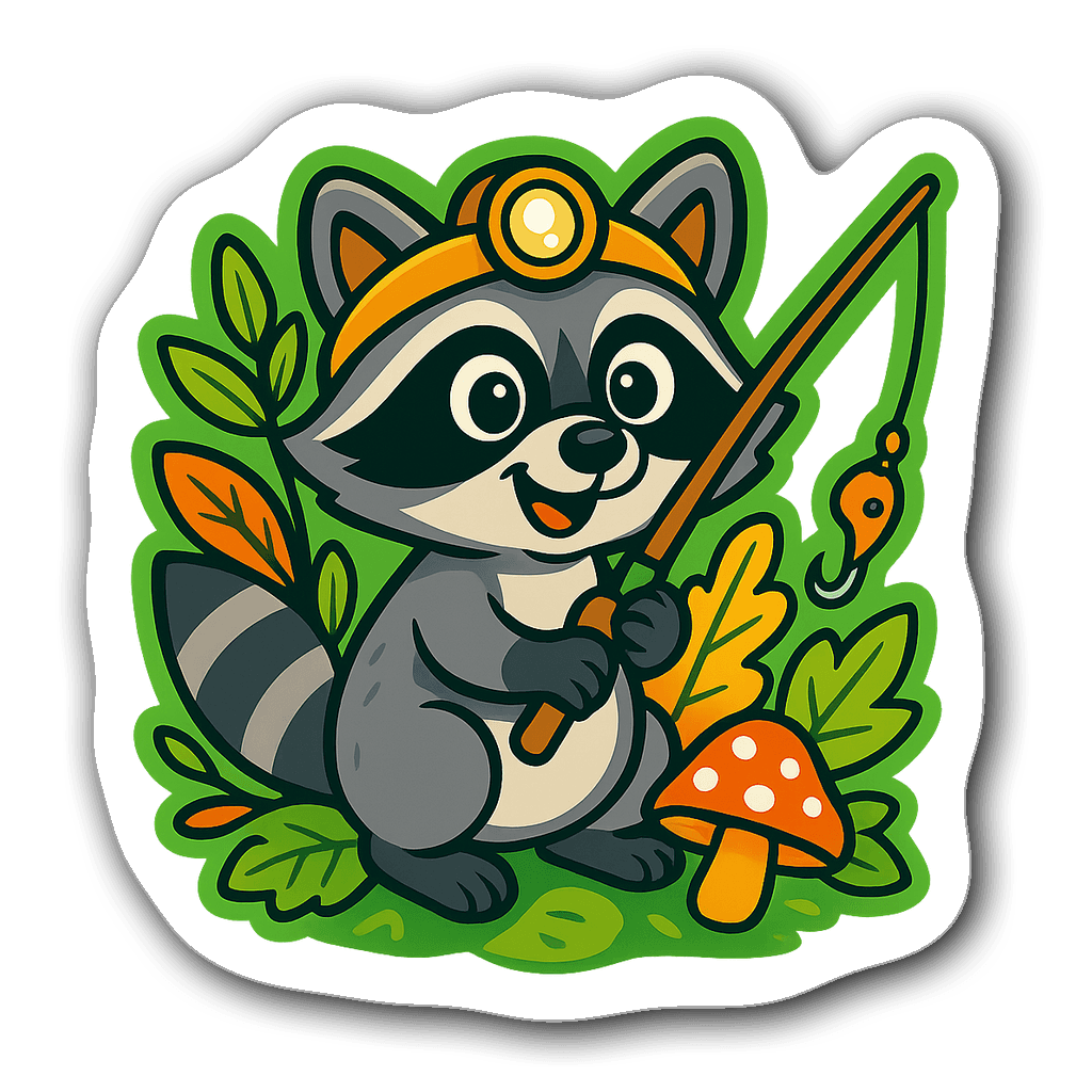 Cartoon raccoon wearing a headlamp and fishing rod with leaves