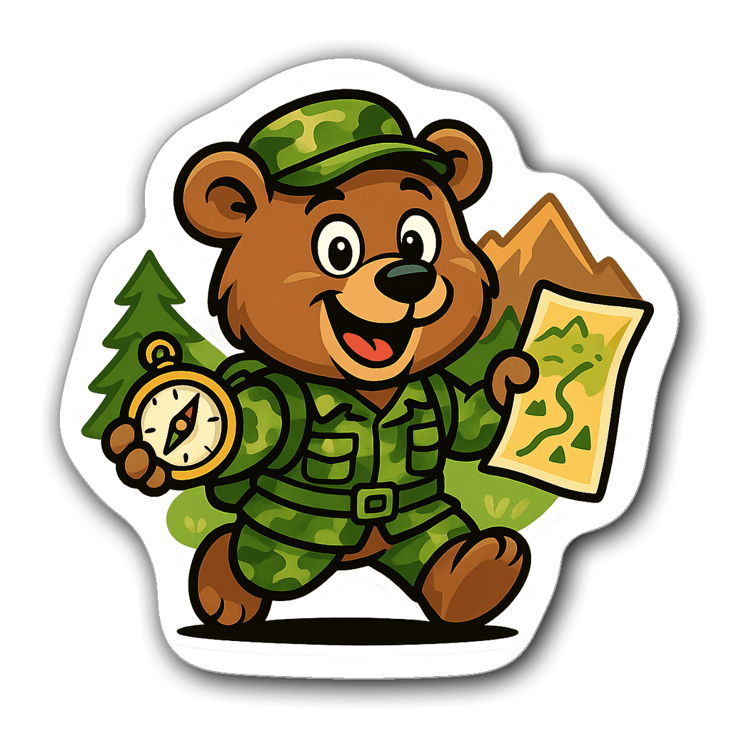 Cartoon bear in camouflage with compass and map, outdoors