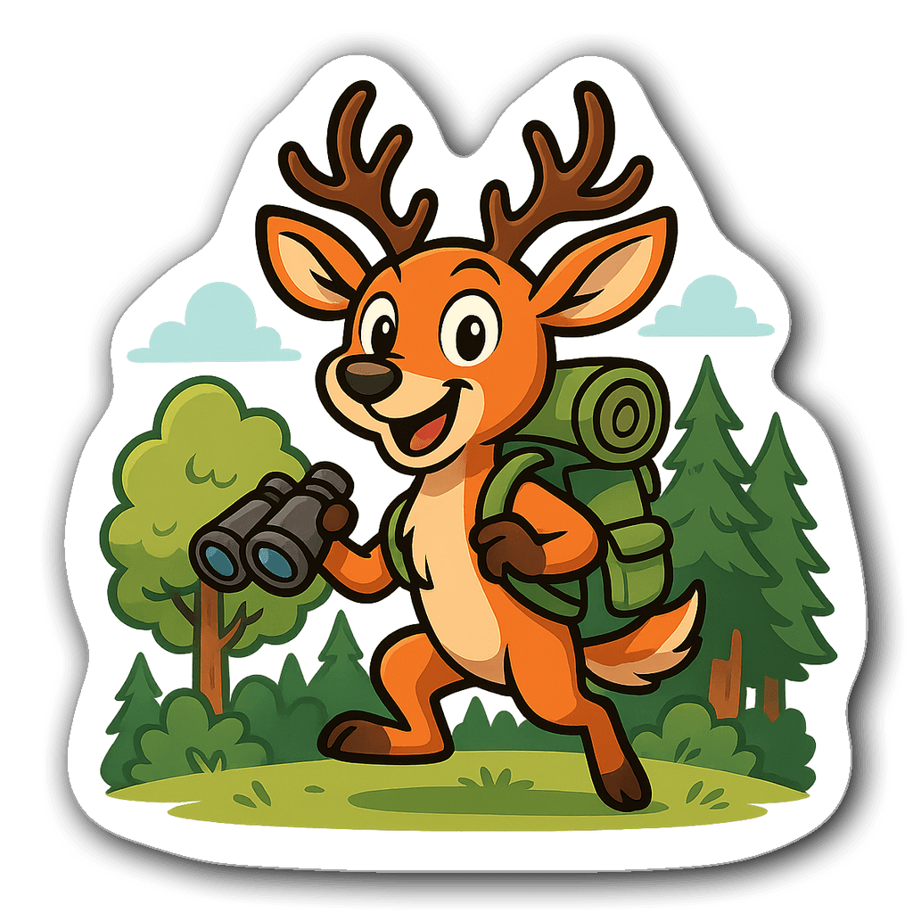 Cartoon-style deer with binoculars and a backpack in a forest setting