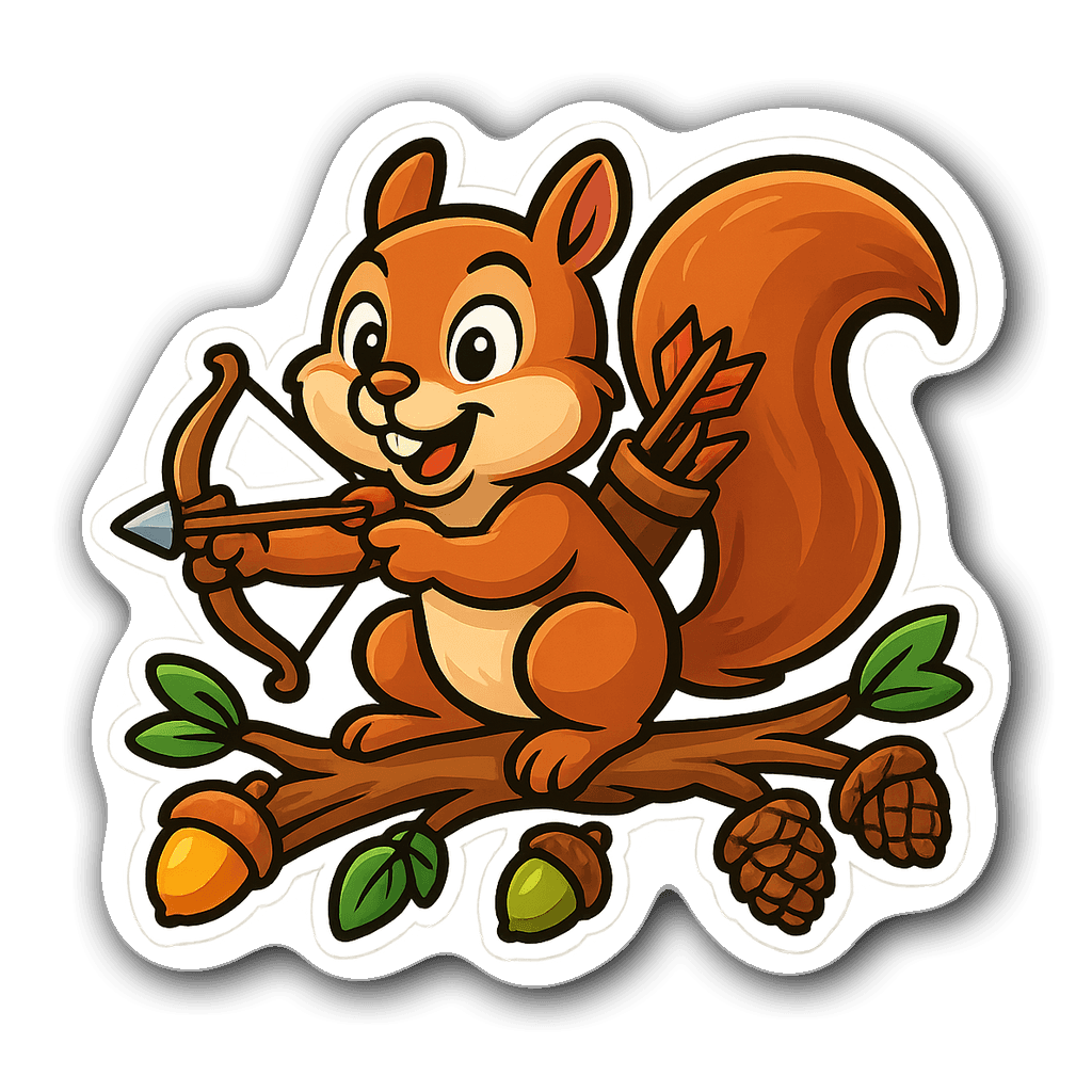 Cartoon-style squirrel with a crossbow on a tree branch