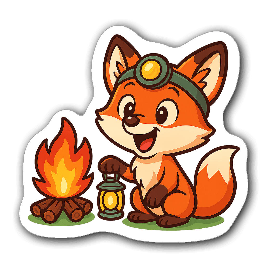 Cartoon fox with a headlamp next to a campfire sticker
