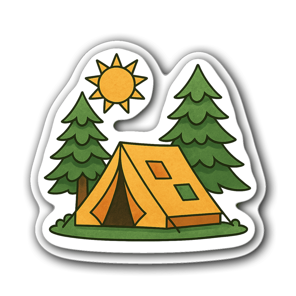 Camping tent sticker with pine trees and sun, die-cut design