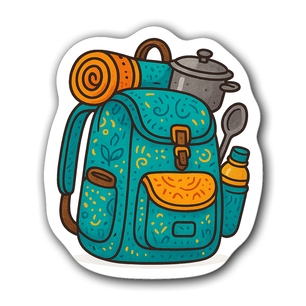 Whimsical camping backpack filled with utensils and vibrant colors