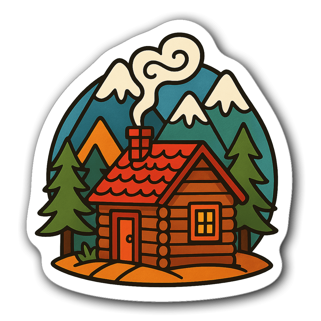 A cozy cabin surrounded by mountains in a fun camping sticker.