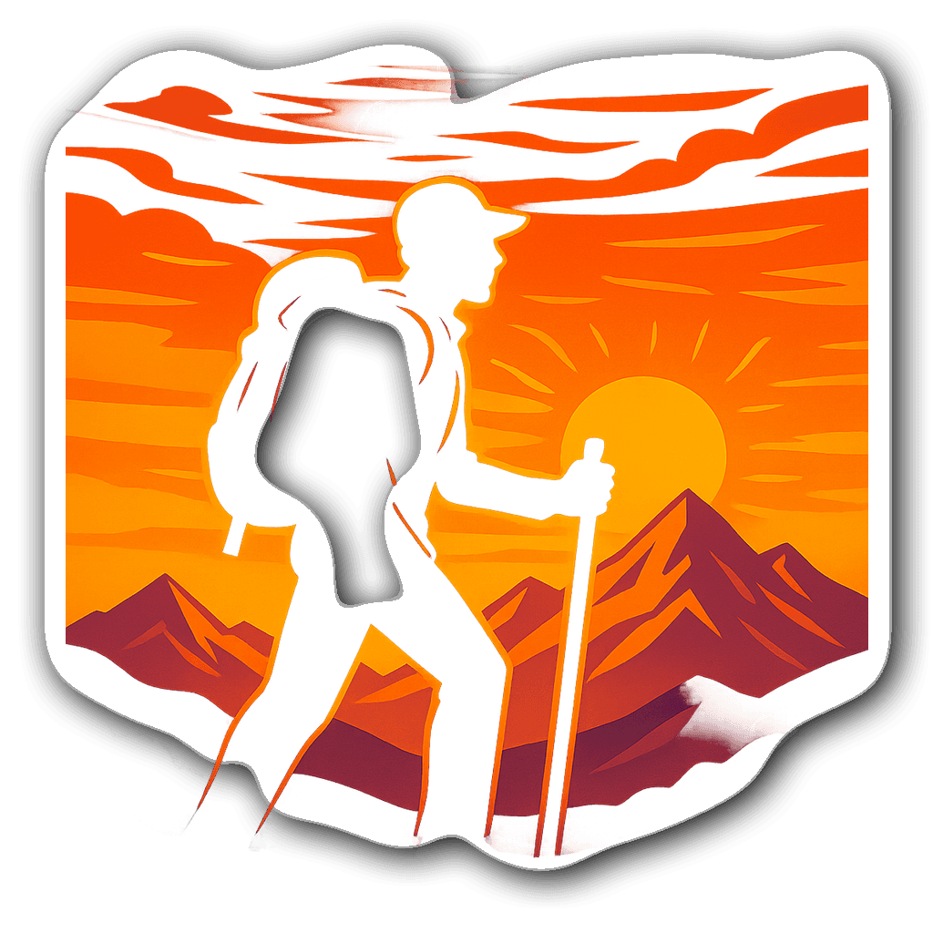 Stylized hiker silhouette against a vibrant sunset