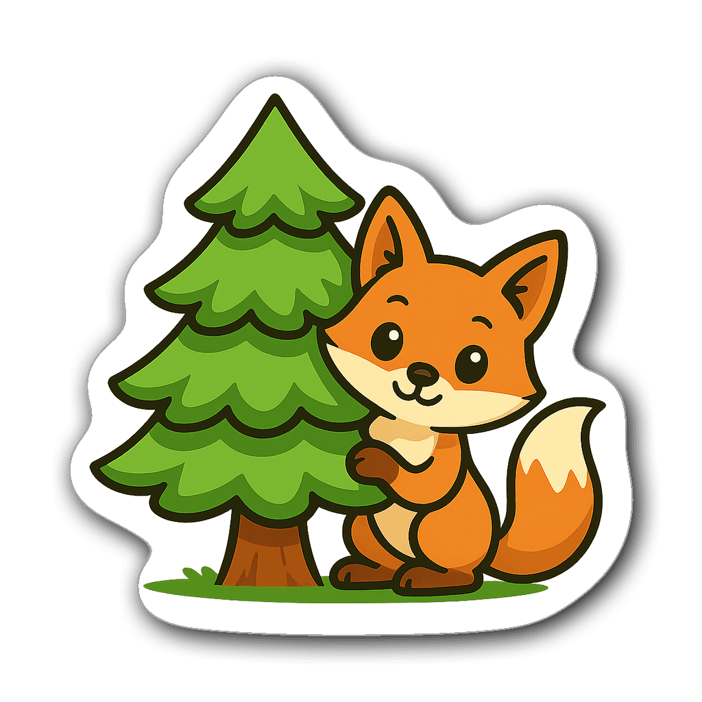 A cute fox with playful eyes peeking from behind a green pine tree