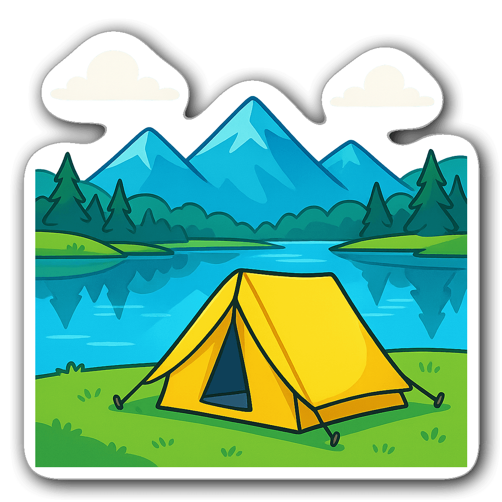 Cartoon-style camping tent beside a serene lake