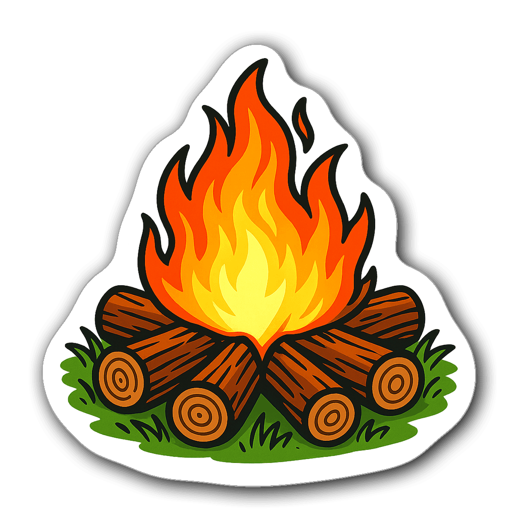 A colorful campfire scene surrounded by logs and grass