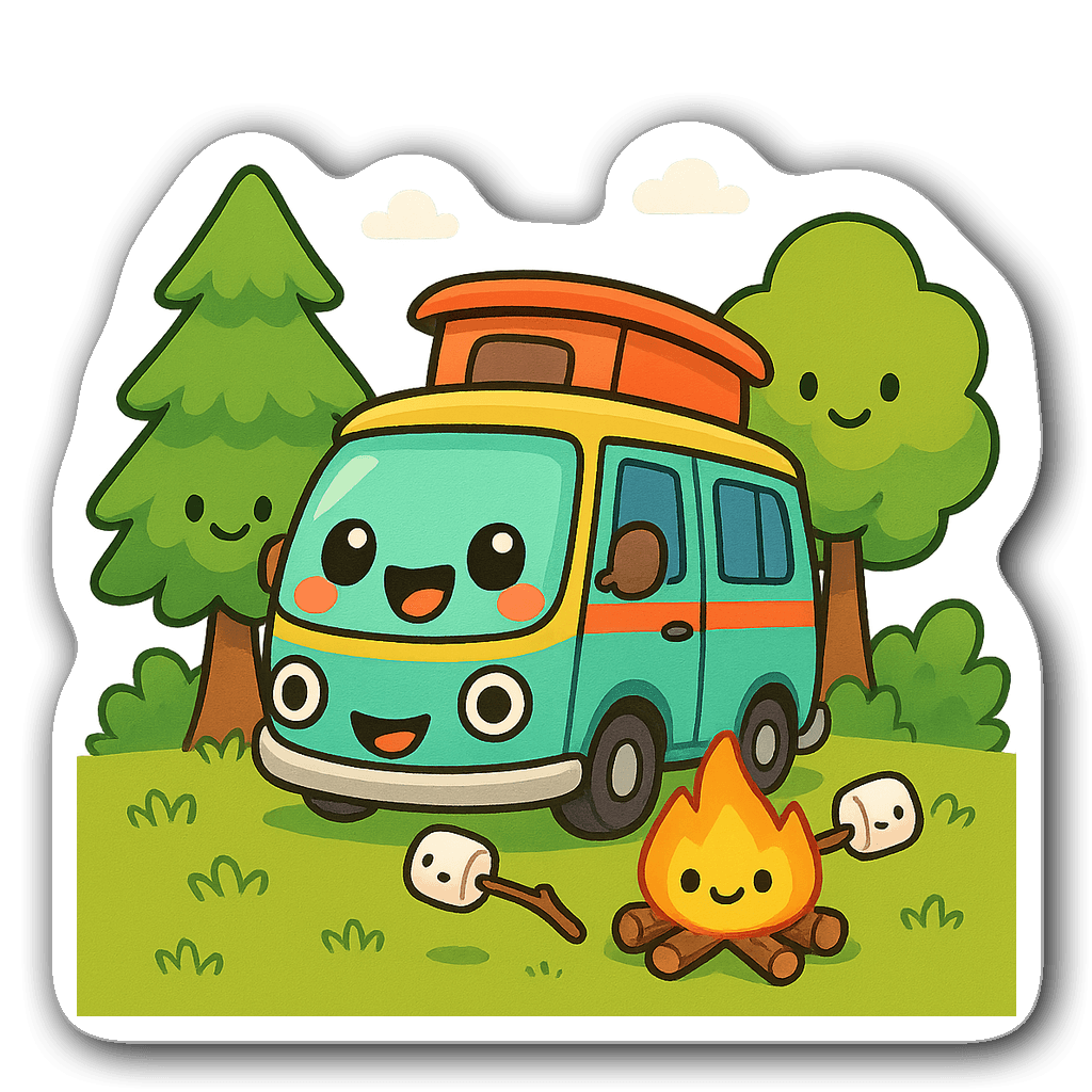 Kawaii chibi camper van surrounded by cartoon trees and a campfire