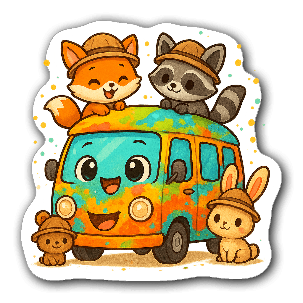 A joyful chibi-style van with cute animals ready for adventure