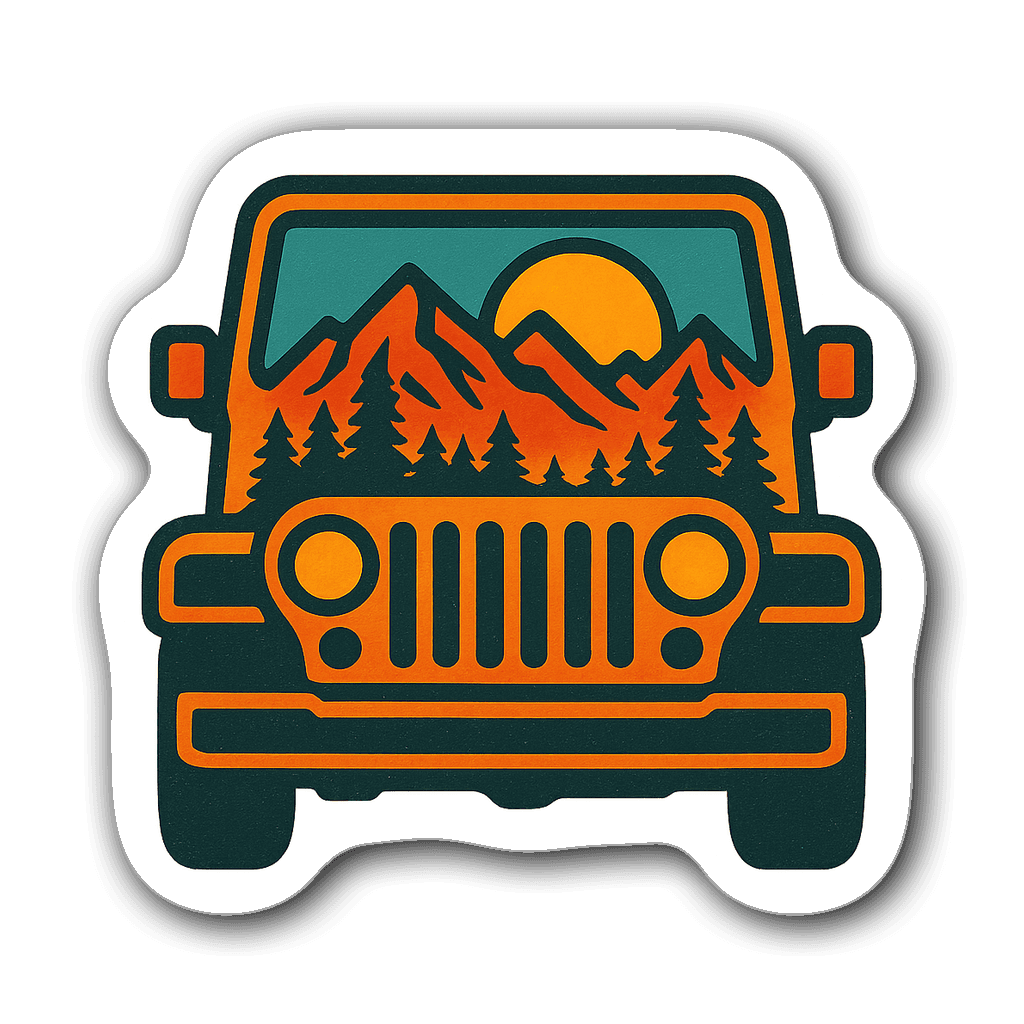 Retro-style Jeep silhouette with mountain scene and sun