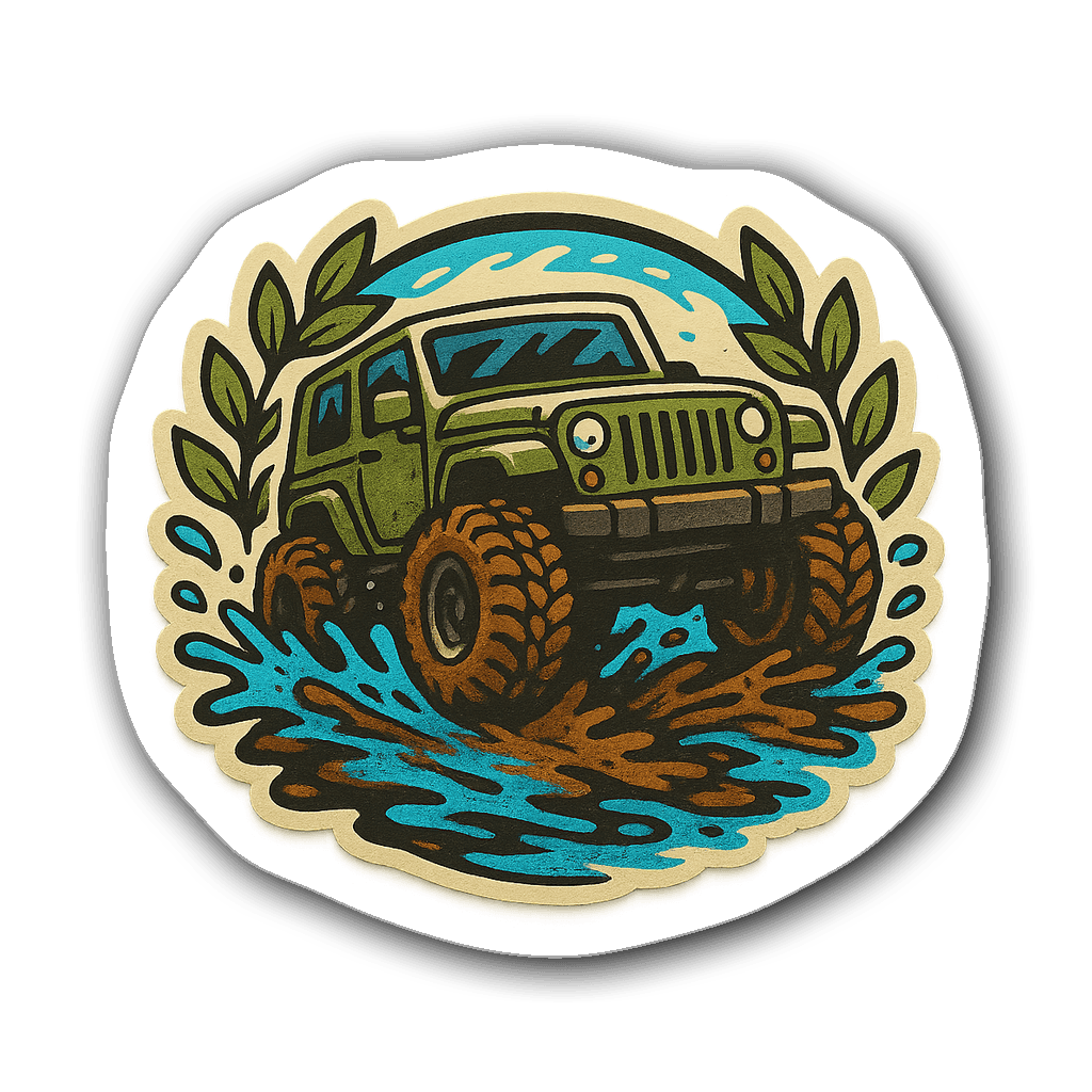 Vintage Jeep off-road sticker with muddy puddles and leaves