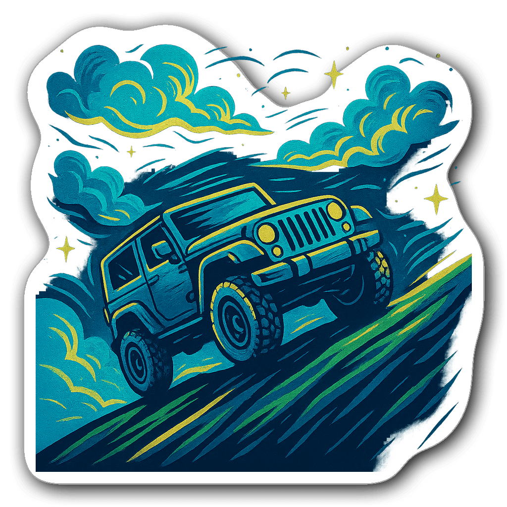 A vintage badge style sticker of a Jeep climbing a hill with clouds and stars