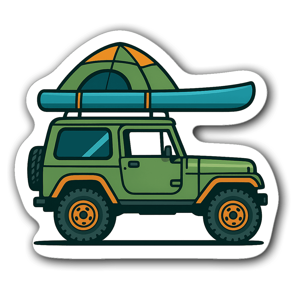 Retro Jeep with camping gear in vibrant colors