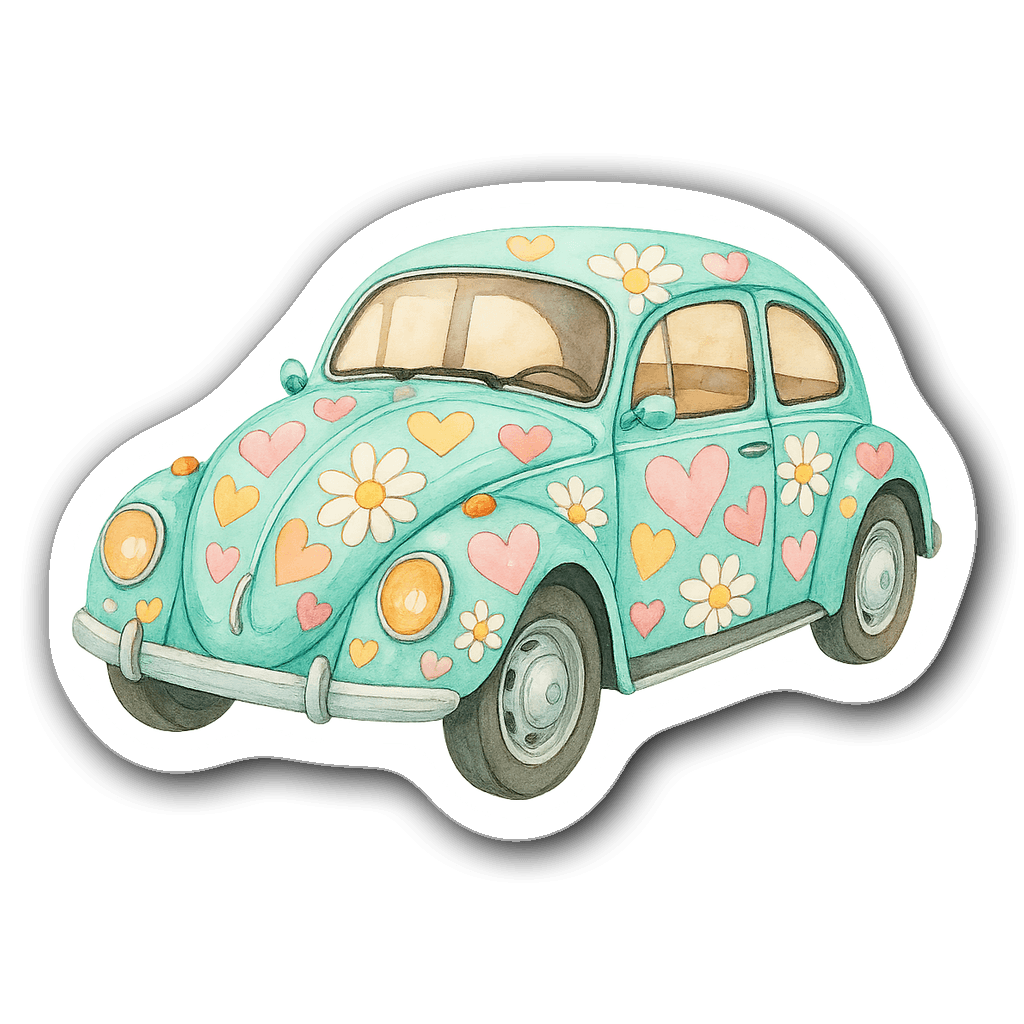 Watercolor illustration of a vintage Volkswagen Beetle car