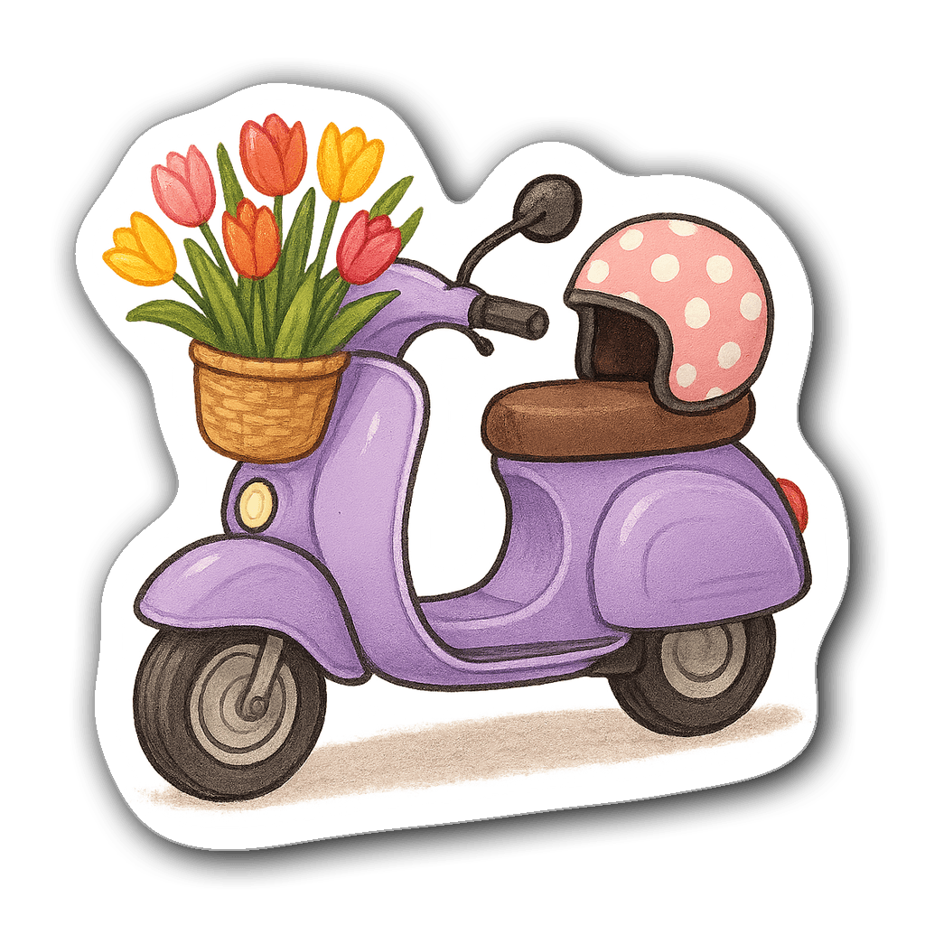 Watercolor illustration of a lavender scooter with flowers