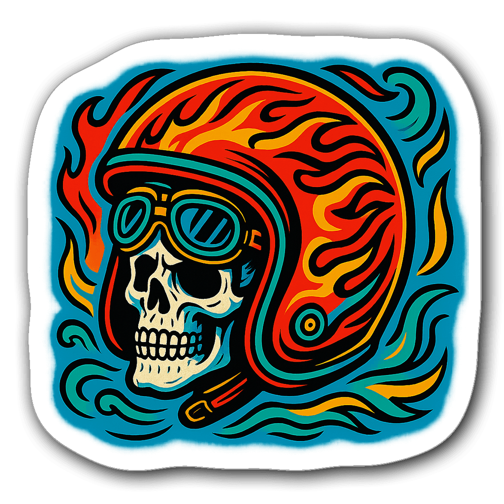 Colorful motorcycle helmet sticker featuring a skull with goggles