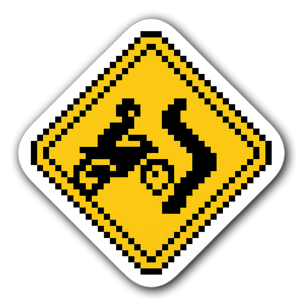 Pixel art motorcycle road sign sticker with retro design