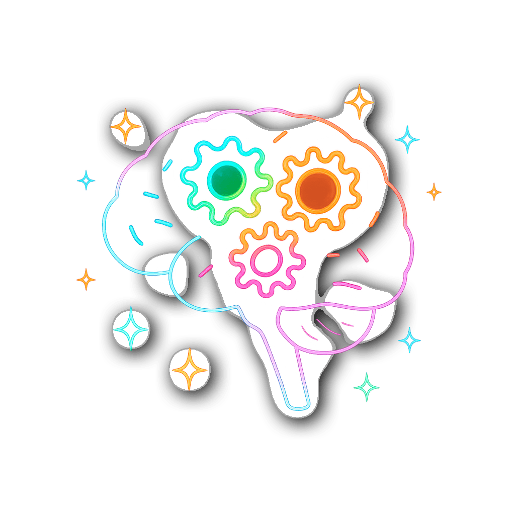 Vibrant neon-glow outline of a brain with colorful gears