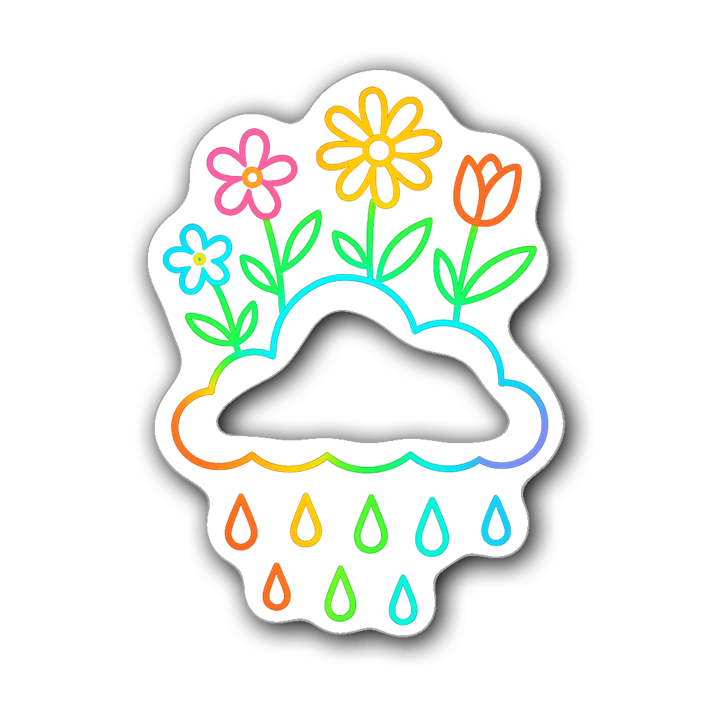 Whimsical neon-glow cloud sticker with flowers and raindrops