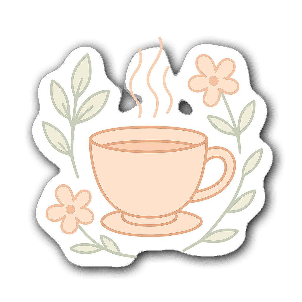 Minimalist line art sticker of a cozy tea cup with steam and flowers.